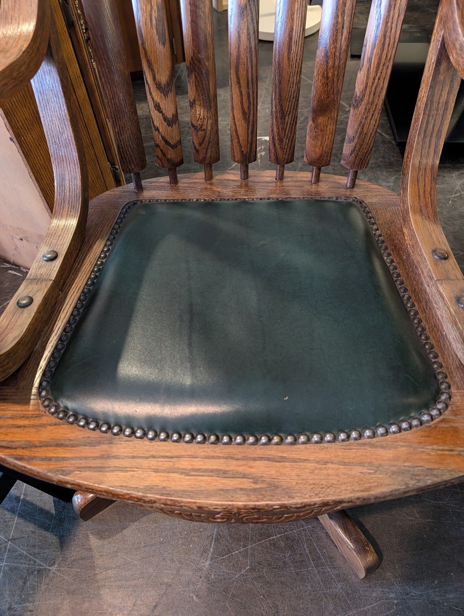 Vintage Oak Swivel Desk Chair with Green Upholstery