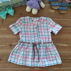  3MOS PINK & TURQUOISE PLAID SHIRT DRESS W/ATTACHED BELT