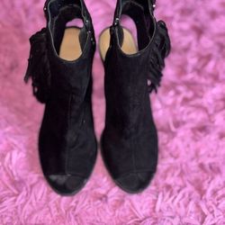 Black Peep Toe Fringe Bootie