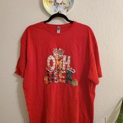 Red short-sleeved t-shirt features a festive OH DEER holiday graphic