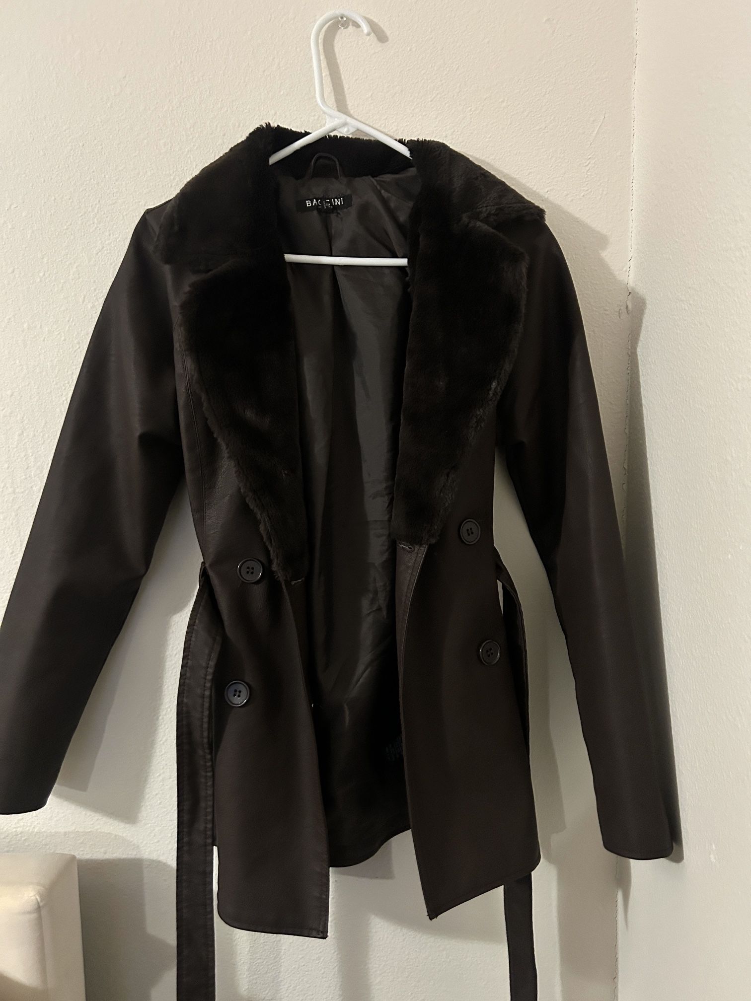 Brown Faux Leather Trench Coat with Fur Collar