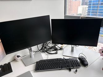 Dell monitors, keyboard, and mouse