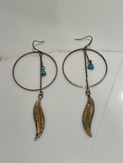 Gold Hoop Feather Drop Earrings with Turquoise Bead