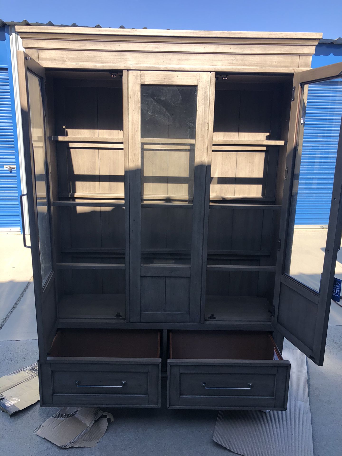 Brand New Floor Model Hutch Cabinet, Rustic Grey Color, Retails For Over $1100