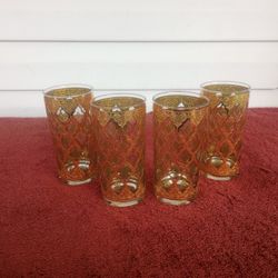 Signed Set Of 4 Culver Valencia Highball Glasses Covered In 22 Karat Gold Gilt Mid Century Whiskey Cocktail Glasses With Etched Emerald Green Colored 