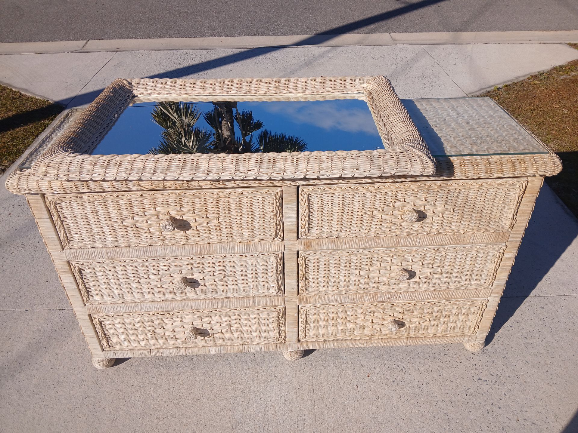 Vintage Wicker Dresser And Mirror glass top