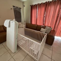 White Crib With Mattress & Mattress Protector 