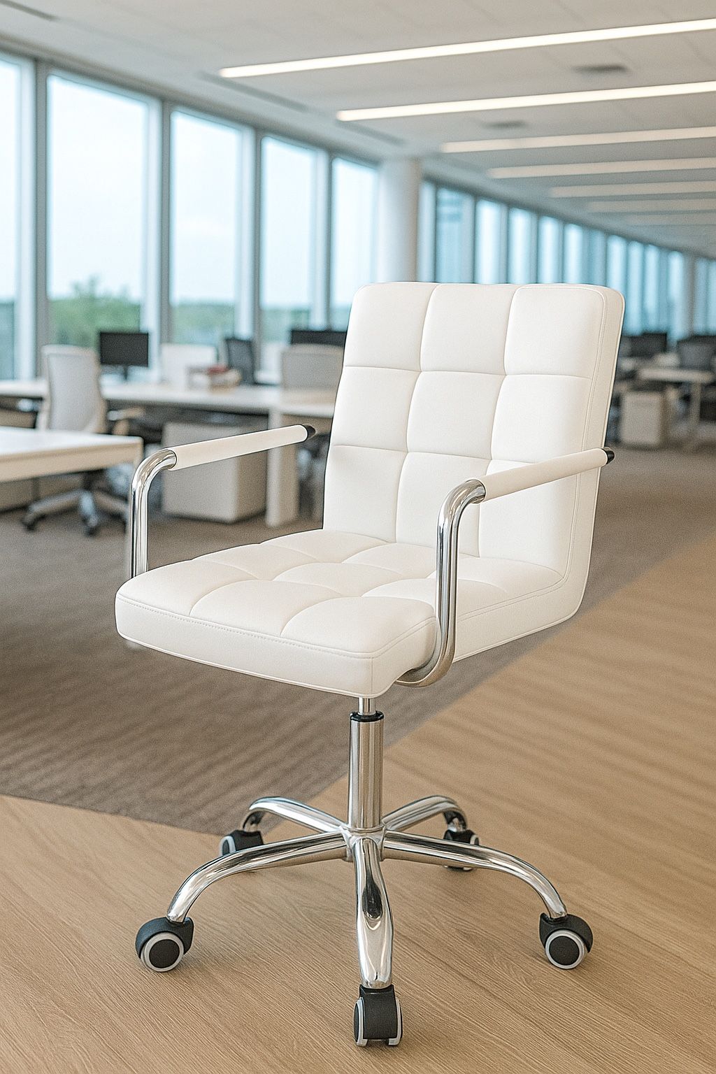 New Modern White Desk Chairs with Wheels/Armrests Modern Mid Back PU Leather Office Chair 360° Swivel Adjustable Home Computer Executive Chair New
