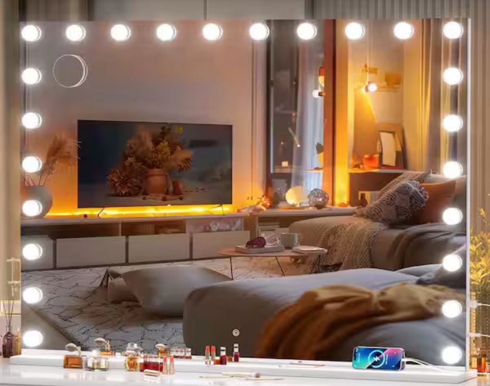 Vosuja 47 in. W x 35 in. H Rectangle Framed Vanity Mirror with Lights, White LED Makeup Mirror with 5X Magnification