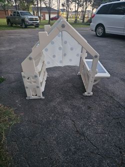Kids Playhouse with Building Block Panel & Classified Storage Space, Children Outdoor Playset Cottage with Roof, Curtain, Spacious Play Area, Toddlers