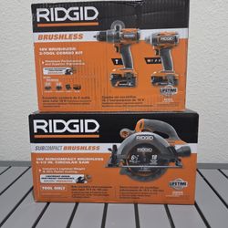 Ridgid 18V Brushless Hammer Drill, Impact Driver & 6.5" Circular Saw Kit - Batteries, charger & bag