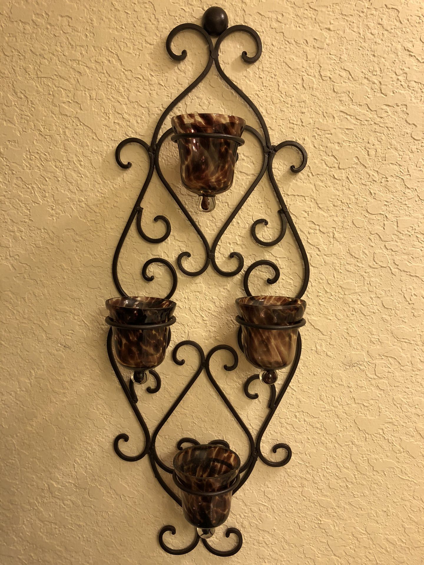 Wall Sconces w/Glass Candle Holders (missing one) - Brown