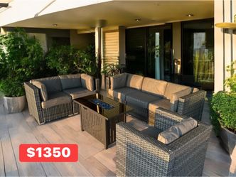 Outdoor Wicker Sectional Sofa Set with Fire Pit Table