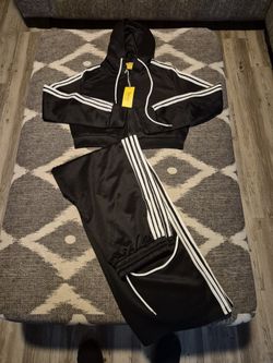 Contrast Trim Hooded Zip Front Cropped Hoodie And Pants Set - Size L