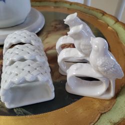 2 Sets Of Vintage White Porcelain Napkin Rings:  Japan Ardalt Set Of 3 Song Birds & 3 Set Basket Weave
