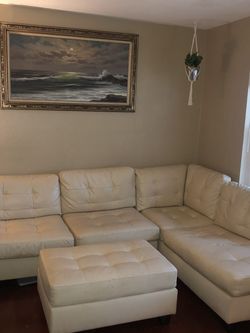 Leather Couch With Ottoman Beige
