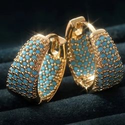 Exquisite Micro Pave 14K Gold Plated Turquoise Cubic Zirconia Double Layer Hoop Earrings 