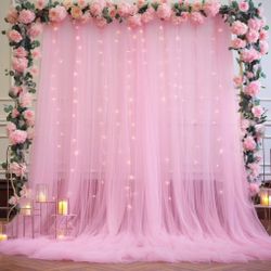 Pink Tulle Backdrop Curtains With Lights String For Parites 10ft×8ft Wrinkle Free Pink Sheer Sparkle Backdrop Curtains For Baby Shower Girls Bridal Sh