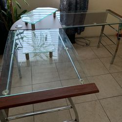 Glass L Shape Desk With Two Glass Monitor Stands 