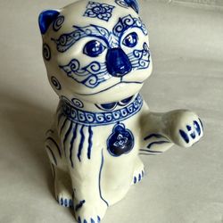 Vintage Collectible Blue And White Tribal Cat Ceramic Teapot/Figurine
