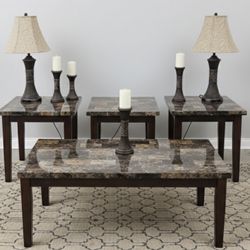 Dark Wood & Polished Stone Looking  Living Room Set | Matching Tables + Lamps | Delivery Available