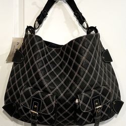 NEW Hype Leather Quilted Large Black Bag Gold Hardware Exterior Pockets Purse