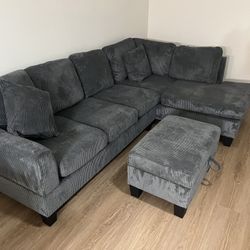 New Corduroy Sectional.  Grey / Off White.  99” X 66”.  Free Delivery!