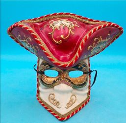 Authentic Venetian Hand Painted Tricorn Pirate Mask Red Gold White Made in Italy

#venetian