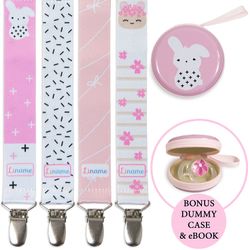 Liname Pacifier Clip for Girls with BONUS Pacifier Case & eBook - 4 Pack Gift Box - Premium Quality & Unique Design - Pacifier Clips Fit ALL Pacifier