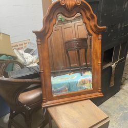 Vintage Queen Anne Solid Wood Arched Mirror w/ Shell Carving (37" x 25")