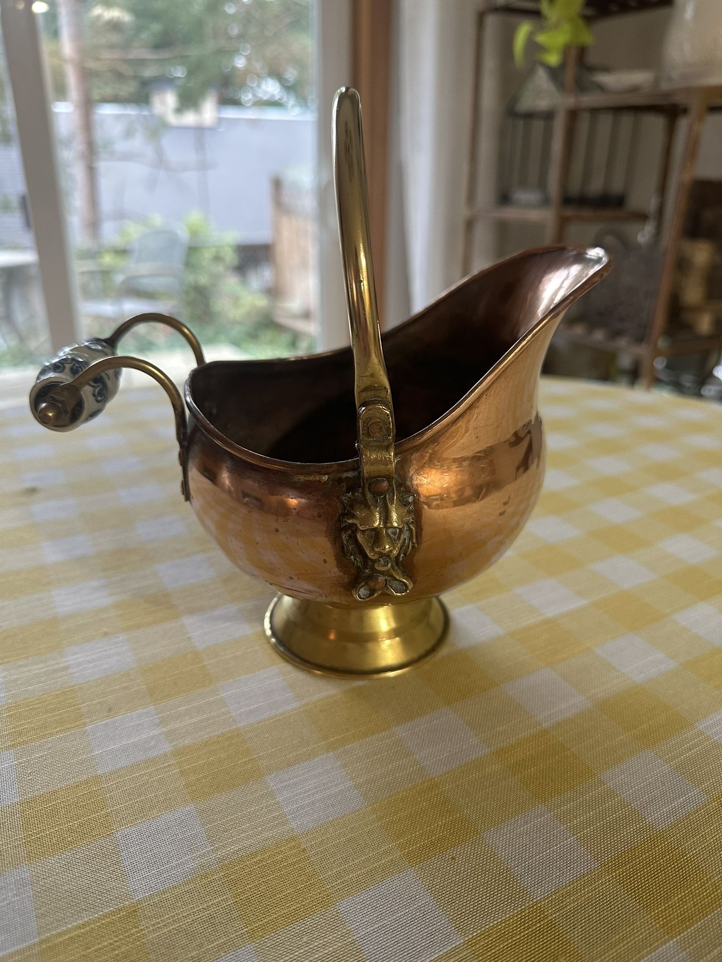 Dutch Copperware Lions Head Pitcher With Porcelain Handle