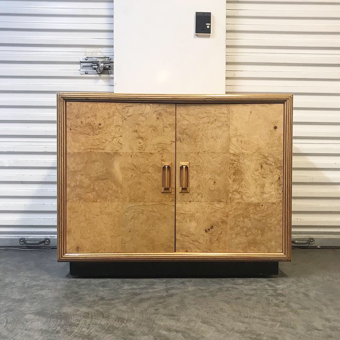 Vintage 80s Olive Burl Wood Dry Bar Cabinet by HENREDON