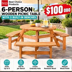 Best Choice Products 6-Person Round Wooden Picnic Table w/ 3 Benches – Natural