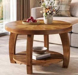 Solid Wood Round Coffee Table, 2-Tier Center Table with Storage, 31.5 Inch Wood Tabletop with Mosaic Pattern, Easy Assembly, for Living Room, Brown