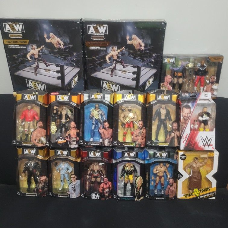 AEW HUGE RING & FIGURE BUNDLE + 2 WWE FIGURES LOT
