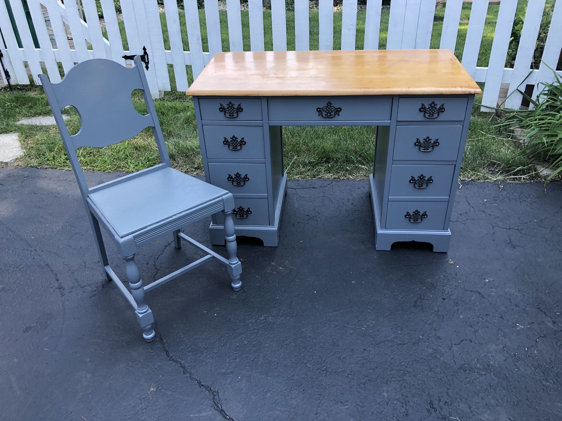 Refinished Gray Wood Desk and Chair - Stained Top