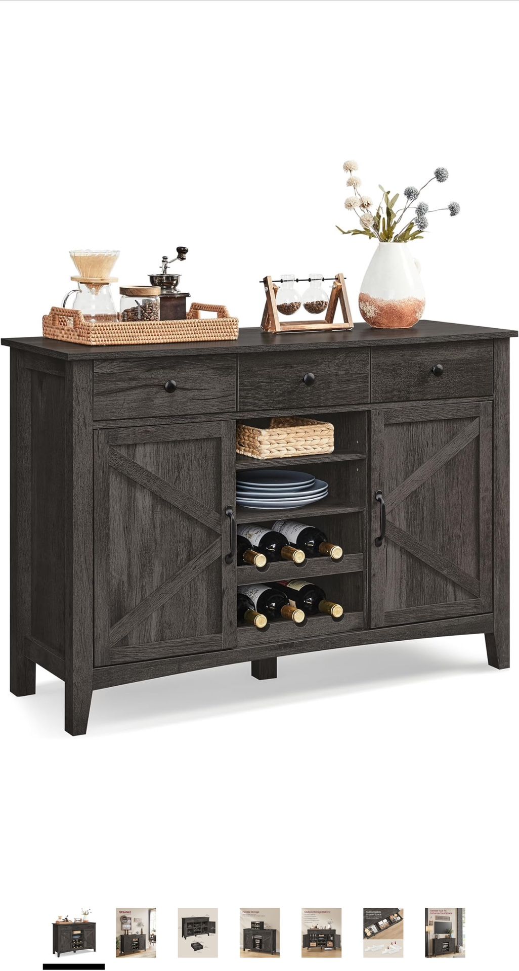 Farmhouse Buffet Cabinet with Detachable Wine Rack, Sideboard Cabinet with Drawers and Doors, Adjustable Shelves, for Living Room, Kitchen, Stone Gray