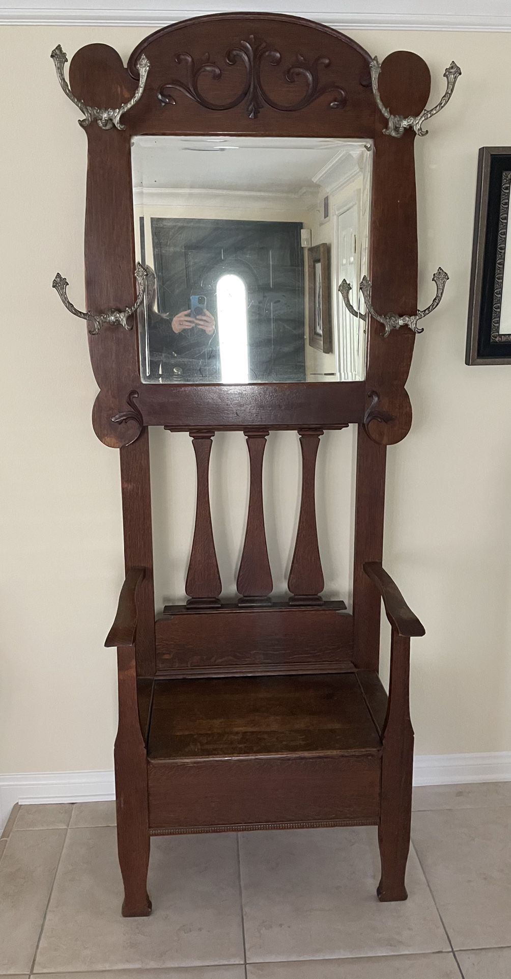 Antique Hall Tree With Storage Bench, Hall Tree With Mirror And Storage Bench