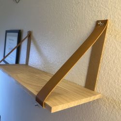 Modern Floating Shelf with Caramel Leather Straps