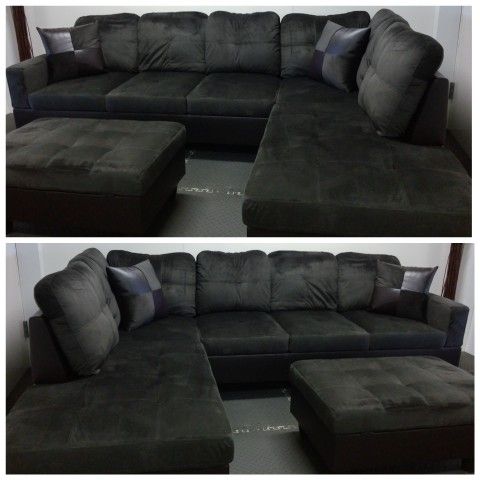 Brand New Charcoal Grey Microfiber Sectional With Storage Ottoman