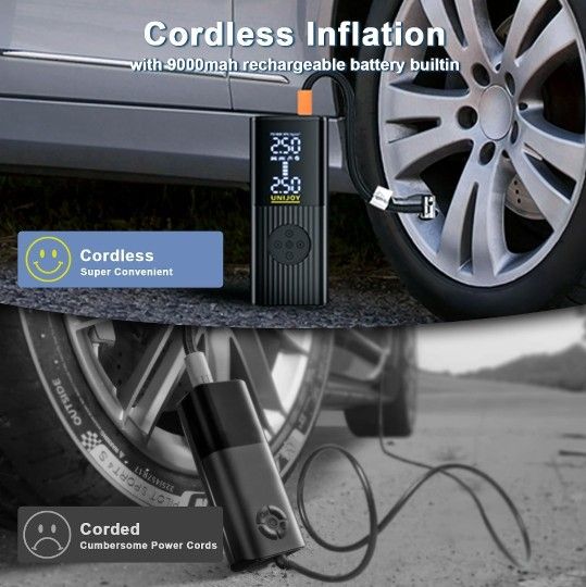 Cordless Car Tire Inflator Air Pump 3x faster, auro stop, power bank, flash light- 150psi Portable Air Compressor with 9000mah Rechargeable Battery