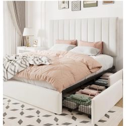 Queen Bed Storage Bed Frame, Vertical Channel Tufted Adjustable Headboard, Velvet Upholstered Platform Bed with 4 Oversized Underbed Drawers, Wooden 