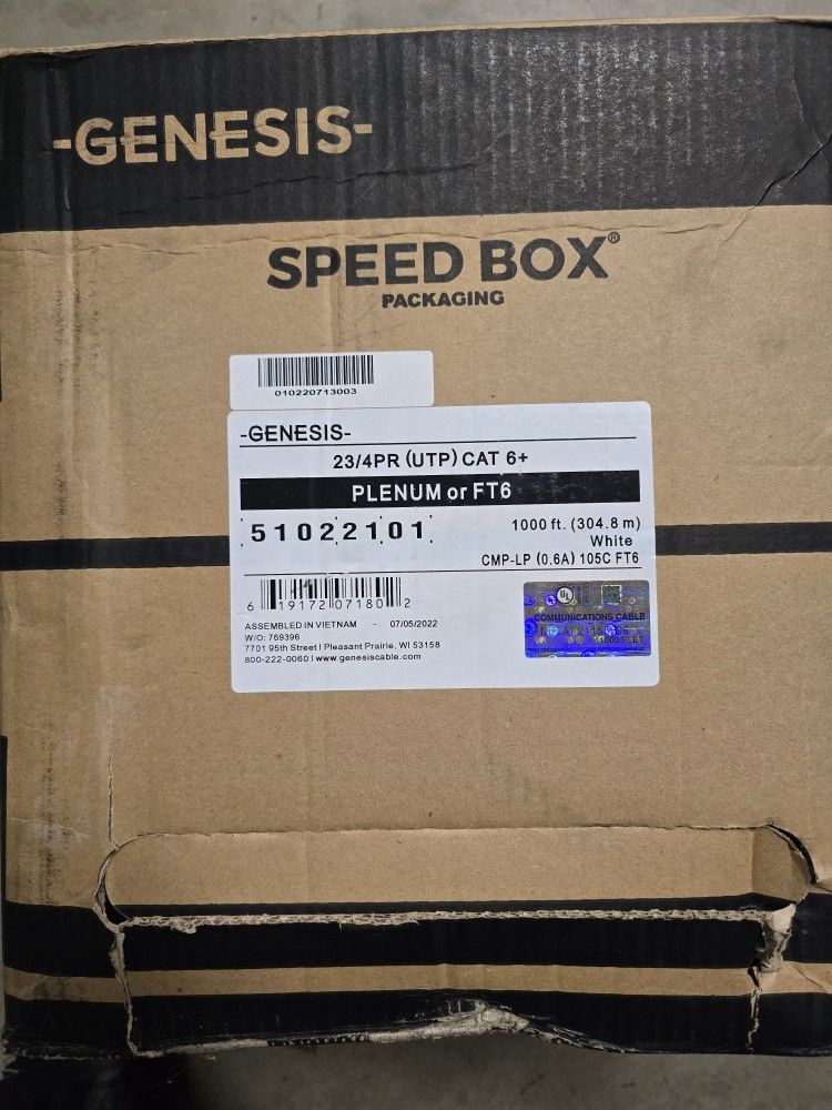 Genesis cat6+ plenum 23/4pr 1000ft white