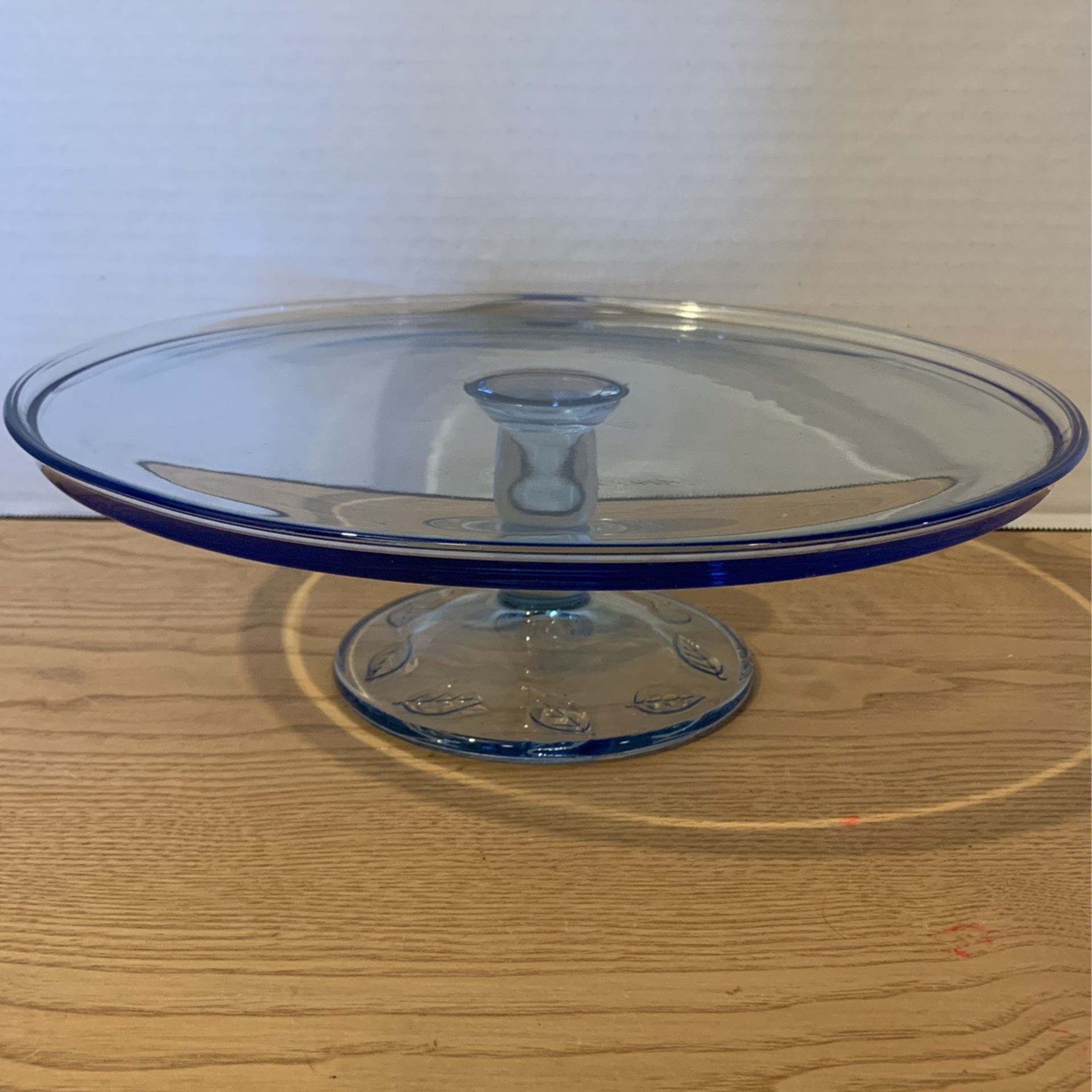 Vintage Indiana Glass Ice Blue Aspen Cake Stand with Leaf Relief on Pedestal  12” x 3 1/2”  A23