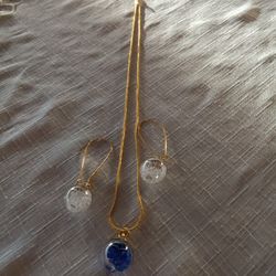 Brand New Glass Pendant Necklace and Earrings Set