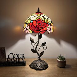 Tiffany Style Table Lamp Red Orange Stained Glass Rose Flowers LED Bulb Included ET1004