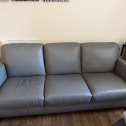 80” Gray Genuine Leather Couch – Excellent Condition