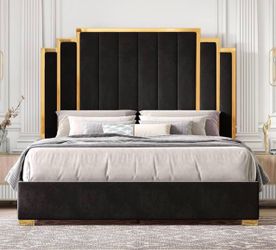 Queen upholstered velvet gold bead frame