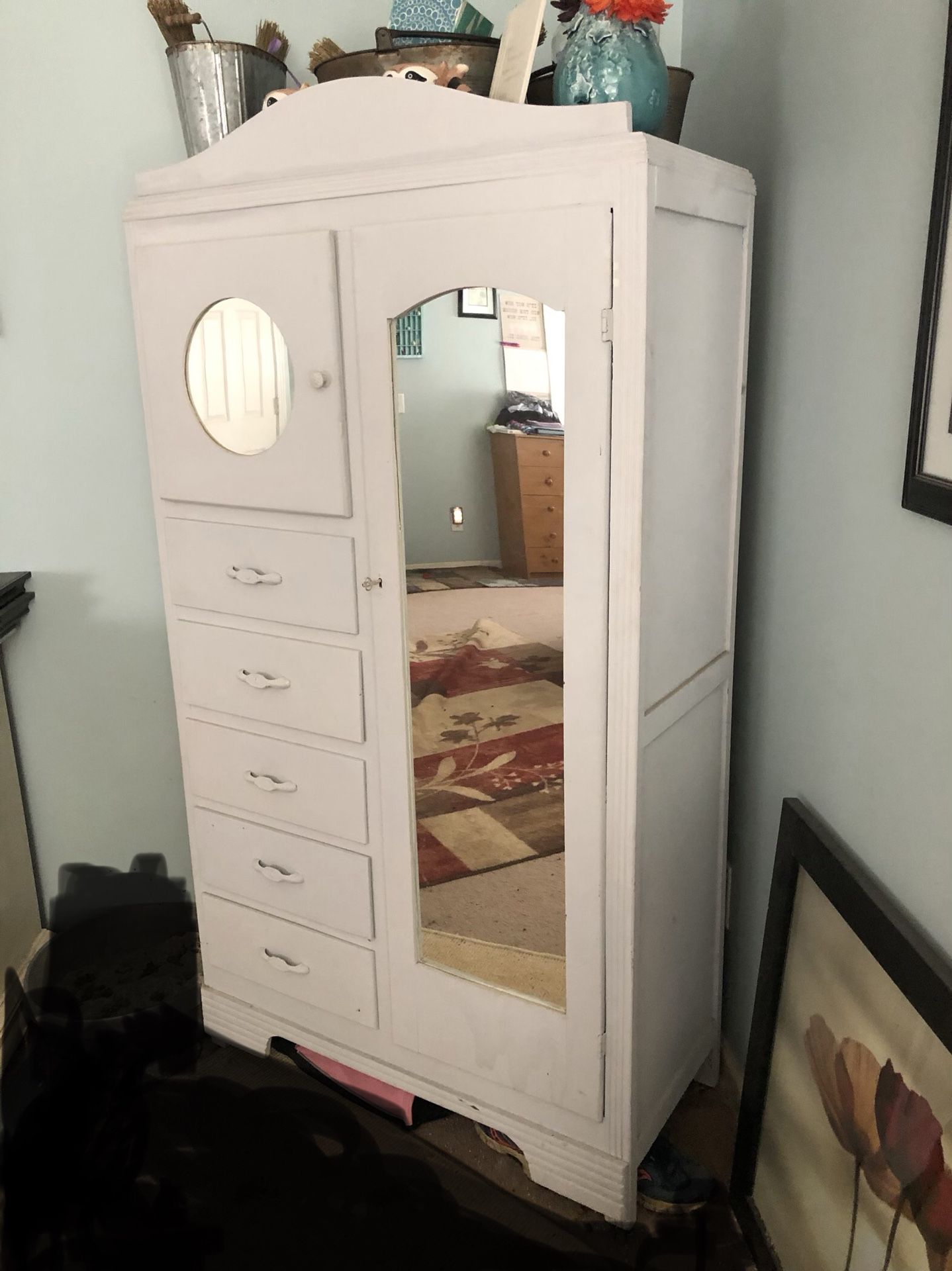 Antique Armoire with 5 drawers, a cubby and side for hanging clothes