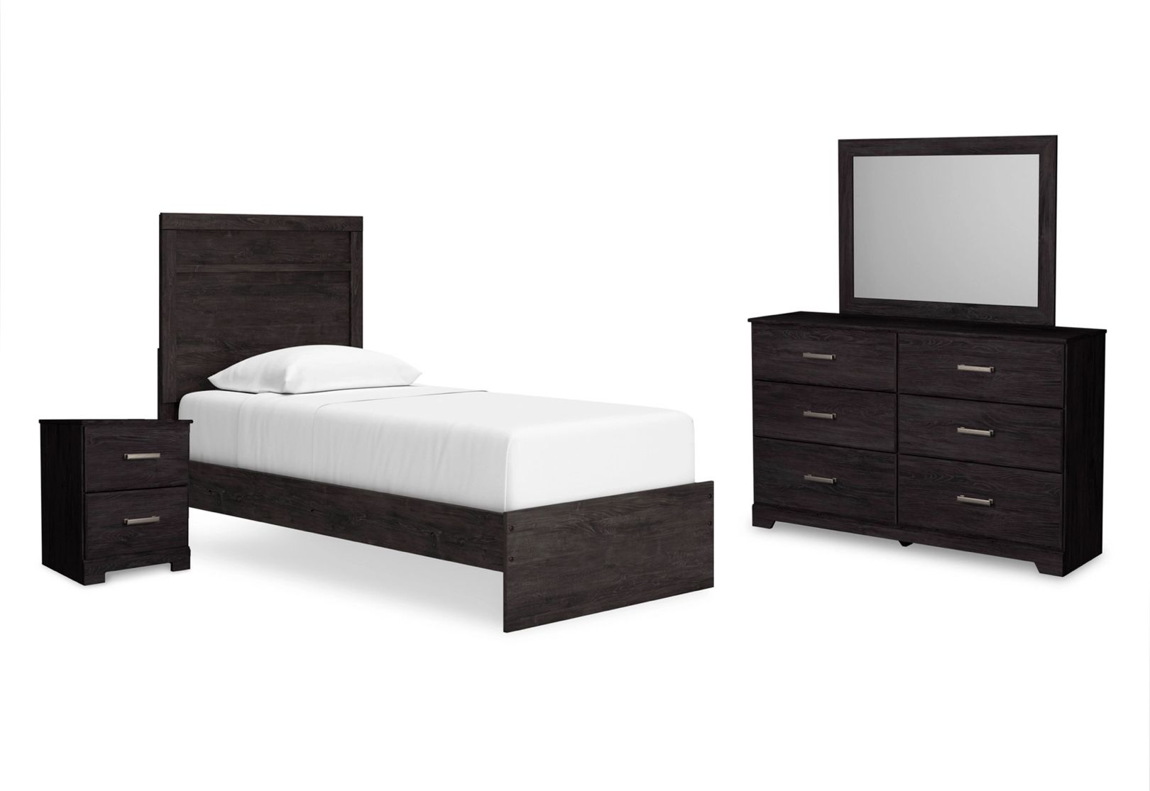 Twin Bed With Mirror, Dresser, And Nightstand.